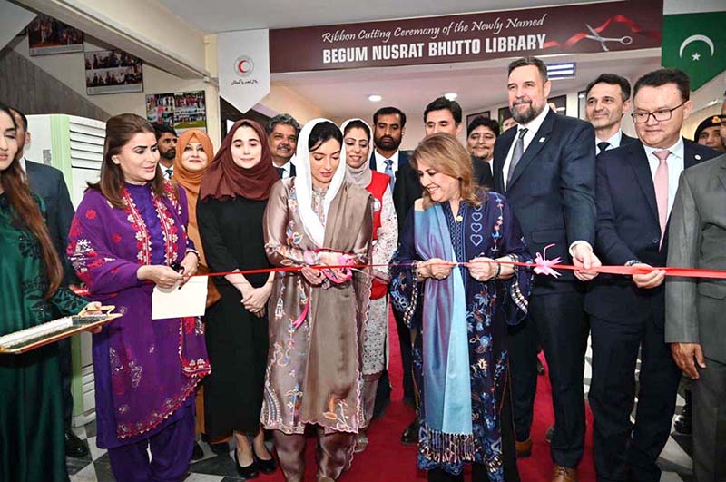 First Lady Bibi Aseefa Bhutto Zardari cutting ribbon to inaugurate the newly named Begum Nusrat Bhutto Library during her visit to the Pakistan Red Crescent Society Headquarters