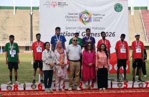 Federal Secretary for Inter-Provincial Coordination (IPC) and Director General of the Pakistan Sports Board, Mohyuddin Wani, presents medals to winners during Pakistan National Games 2026, organized by Special Olympics Pakistan, celebrating talent, courage, and inclusion of athletes with intellectual disabilities