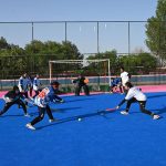 Players in action during a friendly hockey match between the Color and White teams of Fatima Women's Hockey Academy held at the Struff Hockey Stadium in connection with Marka-e-Haq
