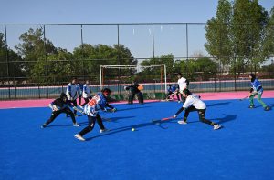 Players in action during a friendly hockey match between the Color and White teams of Fatima Women's Hockey Academy held at the Struff Hockey Stadium in connection with Marka-e-Haq