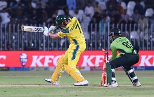 Australia’s Matthew Kuhnemann plays a shot during the first One Day International cricket match between Pakistan and Australia at the Rawalpindi Cricket Stadium