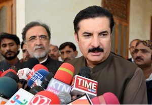Governor Khyber Pakhtunkhwa Faisal Karim Kundi talks to media persons after offering condolences to PPP MNA Mir Aijaz Hussain Jakhrani on the death of his son Mir Zaid Hussain Jakhrani at Jakhrani House