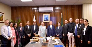 Federal Secretary for Climate Change and Environmental Coordination Aisha Humera Moriani (center) poses for a group photograph with MOCC&EC officials and members of a Turkish delegation following a meeting at the Ministry