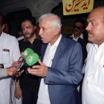 Federal Minister for board of investment, Qaiser Ahmad Shaikh, talking to the media persons