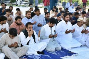 Adviser to Prime Minister on Political and Public Affairs Senator Rana Sanaullah Khan is offering Eidul Azha prayer at his public secretariat
