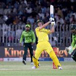 Australia’s Nathan Ellis plays a shot during the first One Day International cricket match between Pakistan and Australia at the Rawalpindi Cricket Stadium
