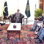 Chairman Senate of Pakistan, Syed Yousaf Raza Gilani in a meeting with Federal Minister for Finance and Revenue, Senator Muhammad Aurangzeb at the Parliament House