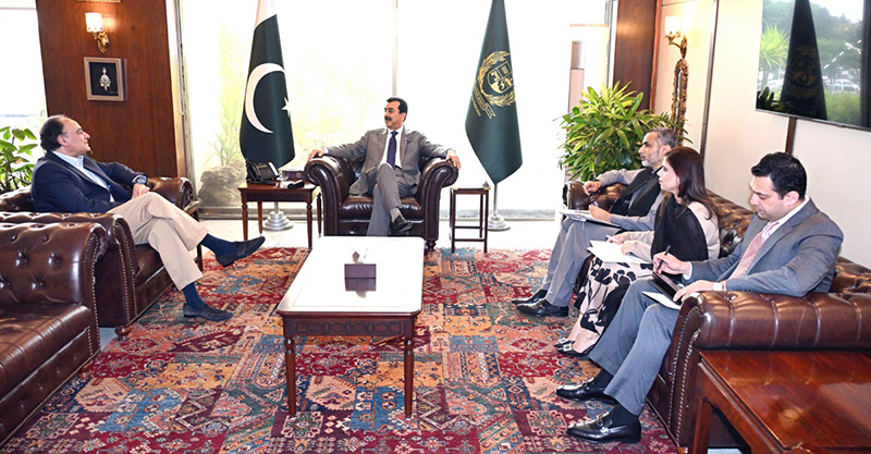 Chairman Senate of Pakistan, Syed Yousaf Raza Gilani in a meeting with Federal Minister for Finance and Revenue, Senator Muhammad Aurangzeb at the Parliament House