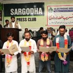 Chairman Interfaith Peace Committee District Sargodha Amjid Mahmood Bhatti takes oath during a ceremony of the Electronic Media Cameramen Association at Sargodha Press Club