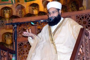Hafiz Muhammad Tahir Ashrafi, Chairman Pakistan Ulema Council and Coordinator National Peace Message Committee, addresses a gathering related to Hajj at Grand Jamia Masjid, Bahria Town