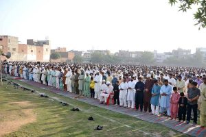A large number of faithful offering Eidul Azha prayer at Haji Abad Ground