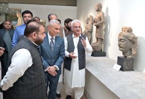 Federal Minister for National Heritage and Culture Division, Aurangzeb Khan Khichi and U.S. Assistant Secretary for South and Central Asian Affairs S. Paul Kapur are being briefed during their visit of a special exhibition titled “Legacy Returns Home” at the Islamabad Museum, showcasing selected cultural heritage artifacts repatriated to Pakistan from the United States of America