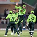 Players of Pakistan national cricket team celebrate the dismissal of Billy Stanlake during the first One Day International (ODI) between Pakistan national cricket team and Australia national cricket team at the Rawalpindi Cricket Stadium