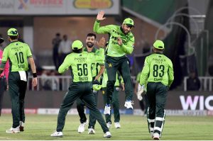Players of Pakistan national cricket team celebrate the dismissal of Billy Stanlake during the first One Day International (ODI) between Pakistan national cricket team and Australia national cricket team at the Rawalpindi Cricket Stadium