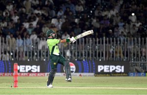 Players of Pakistan national cricket team celebrate the dismissal of Billy Stanlake during the first One Day International (ODI) between Pakistan national cricket team and Australia national cricket team at the Rawalpindi Cricket Stadium