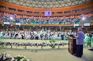 Deputy Prime Minister and Foreign Minister Senator Mohammad Ishaq Dar, addresses the second session of the Ulema Council Conference.