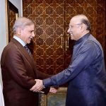 President Asif Ali Zardari shakes hands with Prime Minister Muhammad Shehbaz Sharif who met him at Aiwan-e-Sadr