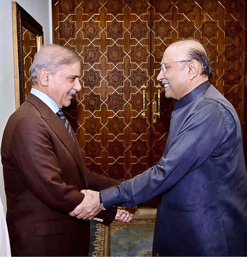 President Asif Ali Zardari shakes hands with Prime Minister Muhammad Shehbaz Sharif who met him at Aiwan-e-Sadr
