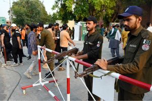 Spectators arrive in the stadium during the Pakistan Super League (PSL) final match between Hyderabad Kingsmen and Peshawar Zalmi at Gaddafi Stadium