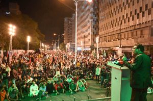 Federal Minister for Education and Professional Training Khalid Maqbool Siddiqui addressing a Muttahida Qaumi Movement Pakistan rally on the occasion of the first anniversary commemoration of Marka-e-Haq at Karachi Press Club