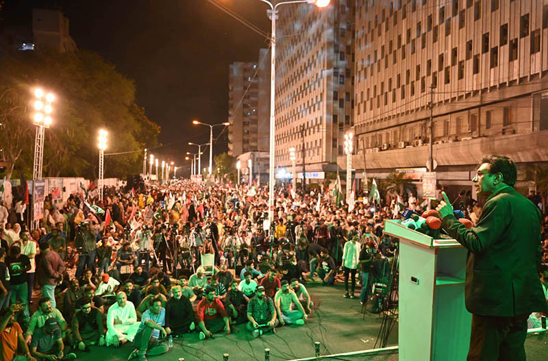 Federal Minister for Education and Professional Training Khalid Maqbool Siddiqui addressing a Muttahida Qaumi Movement Pakistan rally on the occasion of the first anniversary commemoration of Marka-e-Haq at Karachi Press Club