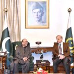President Asif Ali Zardari talking to Prime Minister Muhammad Shehbaz Sharif at Aiwan-e-Sadr