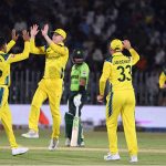 Australian national team players celebrate the wicket of Pakistan’s Sahibzada Farhan during the first One Day International (ODI) between Pakistan national cricket team and Australia national cricket team at the Rawalpindi Cricket Stadium