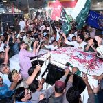 Political Secretary to Chairman Pakistan People's Party, MPA Jameel Ahmed Soomro addressing the rally on the occasion of the one-year completion of the Marka e Haq Bunyan un Marsoos celebrations at Jinnah Bagh Chowk