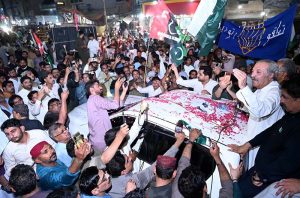 Political Secretary to Chairman Pakistan People's Party, MPA Jameel Ahmed Soomro addressing the rally on the occasion of the one-year completion of the Marka e Haq Bunyan un Marsoos celebrations at Jinnah Bagh Chowk