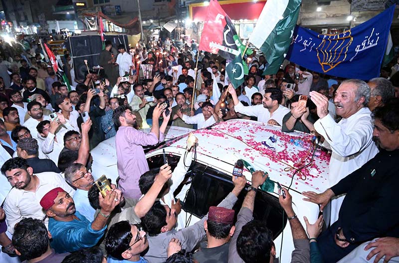 Political Secretary to Chairman Pakistan People's Party, MPA Jameel Ahmed Soomro addressing the rally on the occasion of the one-year completion of the Marka e Haq Bunyan un Marsoos celebrations at Jinnah Bagh Chowk