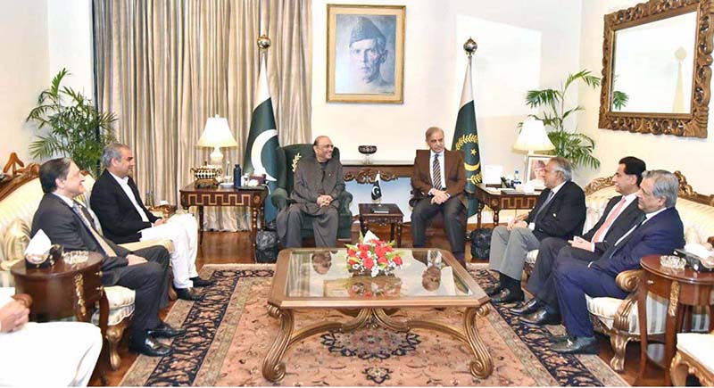 President Asif Ali Zardari in a meeting with Prime Minister Muhammad Shehbaz Sharif at Aiwan-e-Sadr. Deputy Prime Minister and Foreign Minister Ishaq Dar, Speaker National Assembly Sardar Ayaz Sadiq, Federal Minister for Interior Mohsin Naqvi, Federal Minister for Law Azam Nazeer Tarar and Senator Saleem Mandviwalla are also present