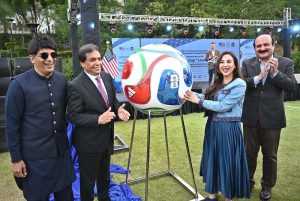 Federal Minister for Railways, Muhammad Hanif Abbasi, U.S. Chargé d'Affaires, Natalie A. Baker, Chairman of Prime Minister on Youth Program, Rana Mashhood Ahmed Khan and President of the Pakistan Football Federation (PFF), Syed Mohsen Raza Gilani, launch the FIFA World Cup 2026 TM during a ceremony at the Embassy of the United States of America.