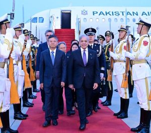 Prime Minister Muhammad Shehbaz Sharif being received by Mr. Huang Runqiu, Minister of Environment & Ecology of China at Beijing Capital International Airport