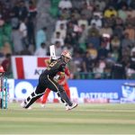 Hyderabad Kingsmen Saim Ayub plays a shot during the Pakistan Super League (PSL) 2st Eliminator match plays between Hyderabad Kingsmen and Islamabad United at Gaddafi Stadium
