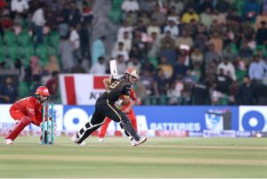 Hyderabad Kingsmen Saim Ayub plays a shot during the Pakistan Super League (PSL) 2st Eliminator match plays between Hyderabad Kingsmen and Islamabad United at Gaddafi Stadium