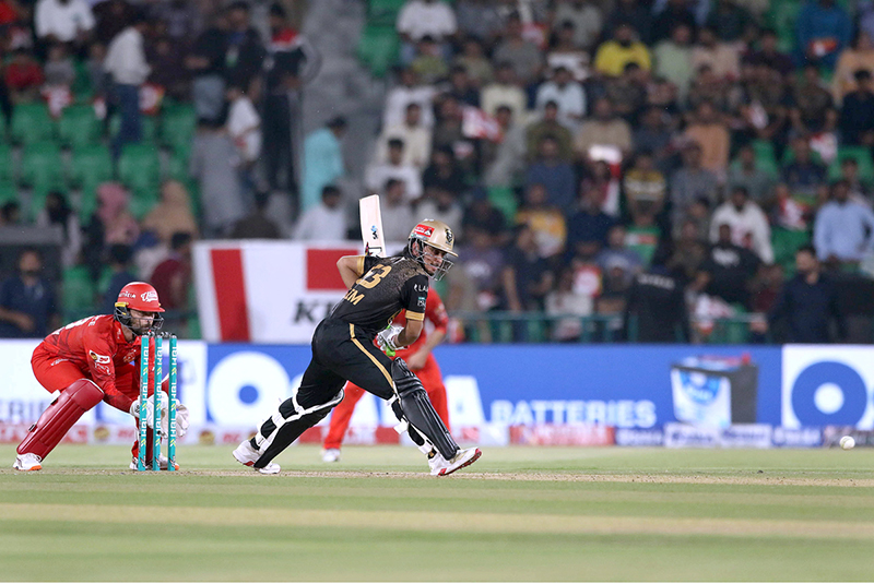 Hyderabad Kingsmen Saim Ayub plays a shot during the Pakistan Super League (PSL) 2st Eliminator match plays between Hyderabad Kingsmen and Islamabad United at Gaddafi Stadium