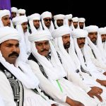Artist seated in the stadium ahead of their performing during the Pakistan Super League (PSL) closing ceremony before final match between Hyderabad Kingsmen and Peshawar Zalmi at Gaddafi Stadium