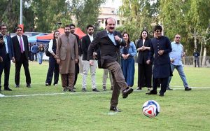 Federal Minister for Railways, Muhammad Hanif Abbasi, U.S. Chargé d'Affaires, Natalie A. Baker, Chairman of Prime Minister on Youth Program, Rana Mashhood Ahmed Khan and President of the Pakistan Football Federation (PFF), Syed Mohsen Raza Gilani, launch the FIFA World Cup 2026 TM during a ceremony at the Embassy of the United States of America.