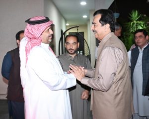 Chairman Senate, Syed Yousaf Raza Gilani receives by Regional Director, International Islamic Relief Organisation, Saad Masoud Al Harthi upon his arrival to visit Dar-E-Ali Ibne Abi Talib School for Orphans.