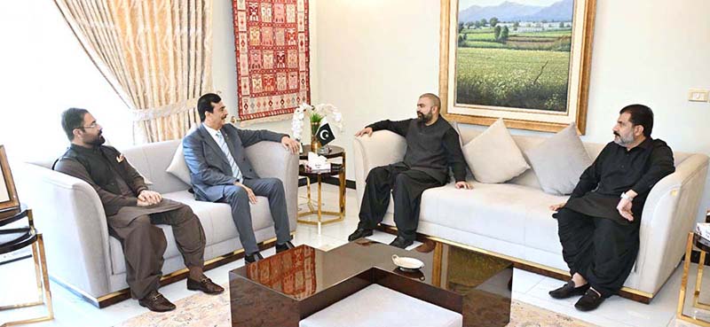 Chairman Senate Syed Yousuf Raza Gillani in a meeting with Chief Minister Balochistan Sarfraz Bugti. Senator Agha Shahzaib Durrani is also present