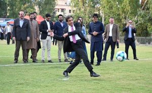 Federal Minister for Railways, Muhammad Hanif Abbasi, U.S. Chargé d'Affaires, Natalie A. Baker, Chairman of Prime Minister on Youth Program, Rana Mashhood Ahmed Khan and President of the Pakistan Football Federation (PFF), Syed Mohsen Raza Gilani, launch the FIFA World Cup 2026 TM during a ceremony at the Embassy of the United States of America.
