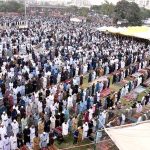 A large number of faithful offering Eidul Azha prayers at Nazimabad Eidgah Ground