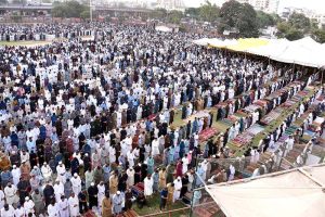 A large number of faithful offering Eidul Azha prayers at Nazimabad Eidgah Ground