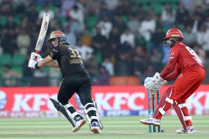 Hyderabad Kingsmen Saim Ayub plays a shot during the Pakistan Super League (PSL) 2st Eliminator match plays between Hyderabad Kingsmen and Islamabad United at Gaddafi Stadium