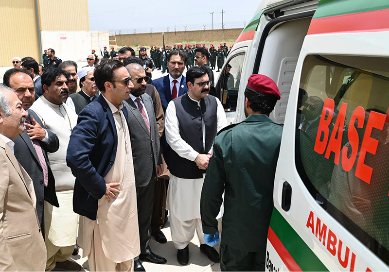 Pakistan Peoples’ Party Chairman Bilawal Bhutto Zardari inaugurates the Benazir Ambulance Service for Balochistan during his visit. Chief Minister Mir Sarfraz Bugti is also present on the occasion