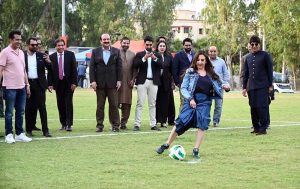 Federal Minister for Railways, Muhammad Hanif Abbasi, U.S. Chargé d'Affaires, Natalie A. Baker, Chairman of Prime Minister on Youth Program, Rana Mashhood Ahmed Khan and President of the Pakistan Football Federation (PFF), Syed Mohsen Raza Gilani, launch the FIFA World Cup 2026 TM during a ceremony at the Embassy of the United States of America.