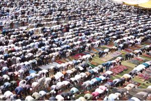 A large number of faithful offering Eidul Azha prayers at Nazimabad Eidgah Ground