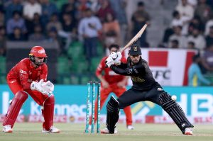 Hyderabad Kingsmen Usman Khan plays a shot during the Pakistan Super League (PSL) 2st Eliminator match plays between Hyderabad Kingsmen and Islamabad United at Gaddafi Stadium