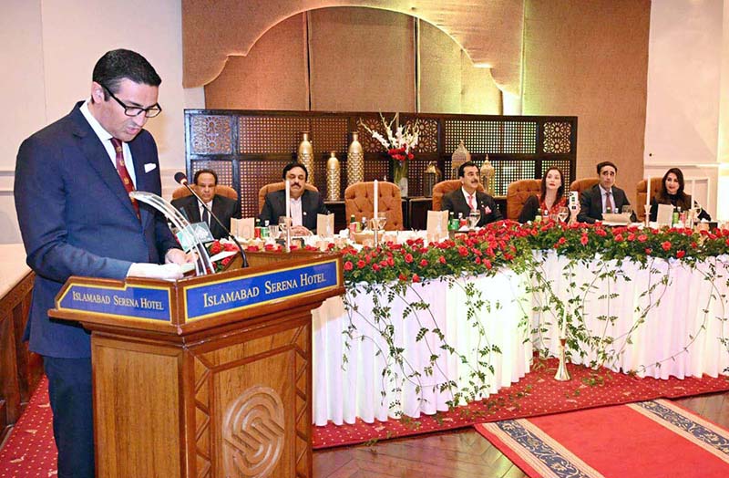 Prince Edourad De Linge-La Termoille of Belgium addressing at a dinner hosted by Chairman Senate, Syed Yousaf Raza Gilani