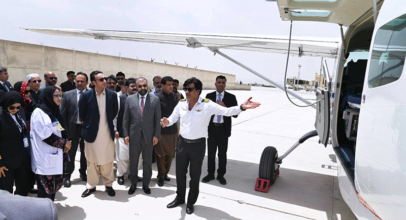 Chairman Pakistan Peoples’ Party, Bilawal Bhutto Zardari is being briefed following the inauguration of People’s Ambulance Service for Balochistan during his visit. Chief Minister Mir Sarfraz Bugti is also present on the occasion